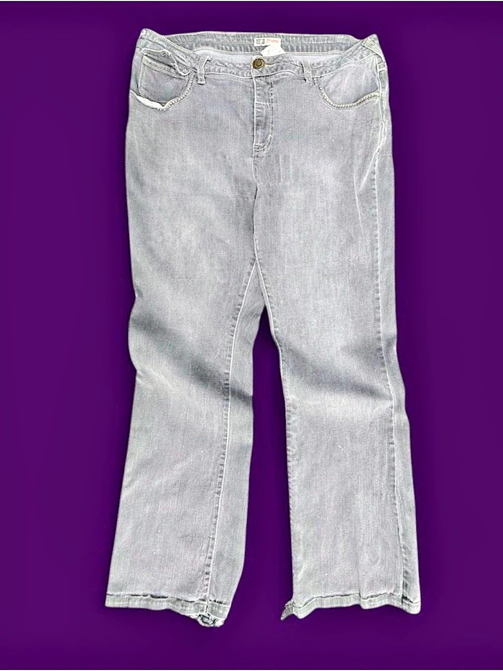 Y2K Grey Rhinestone Jeans Womens 16 Stretch Distressed Beaded Bootcut⁠ Thrashed